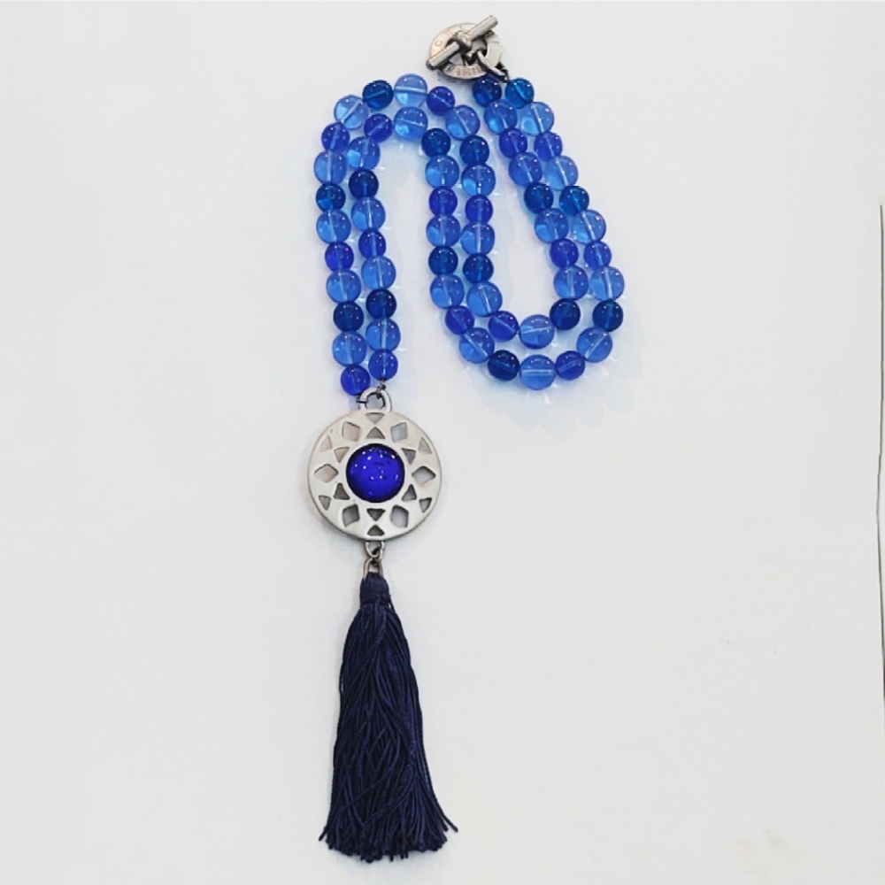 Vintage Celine Paris Oversized Blue Glass Bead & Gripoix Silver Necklace - Picture 4 of 15